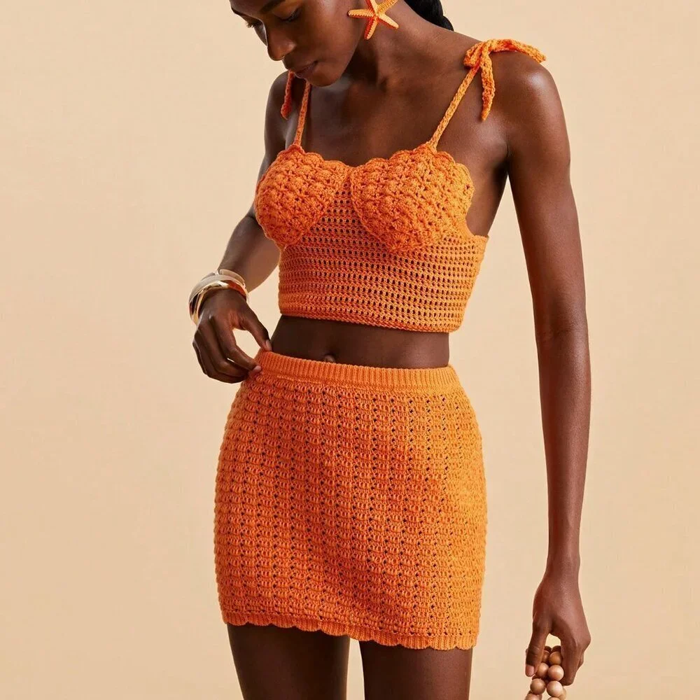 Orange Boho Women's Sexy Beach Vacation Knit Sweater